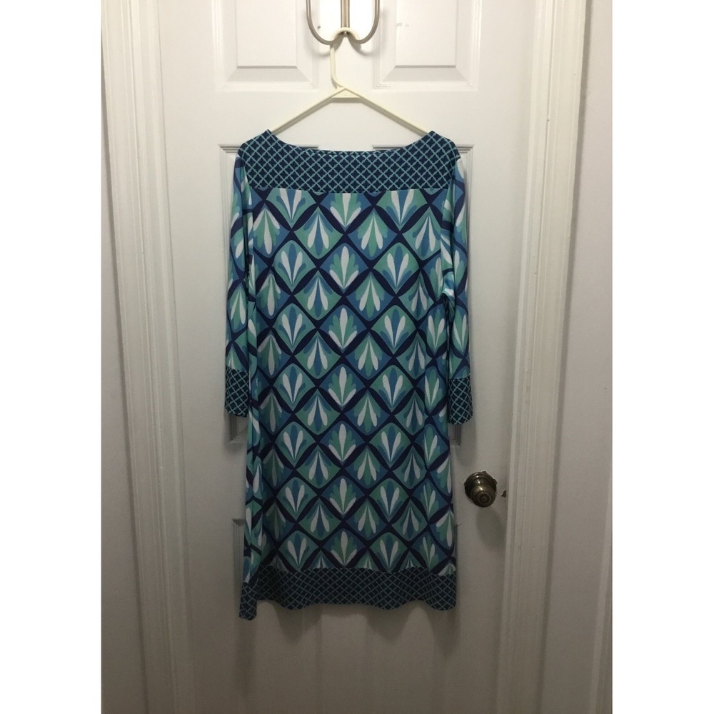 Ava Lynn Geometric Print Shift Dress Blue Green White 3/4 Sleeve XL